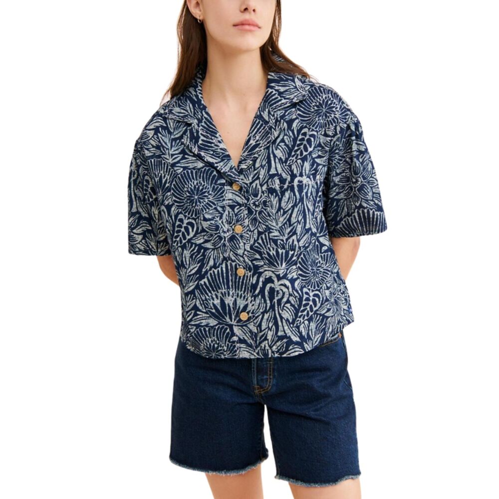Scotch & Soda Printed Indigo Beach Shirt in a blue botanical XS